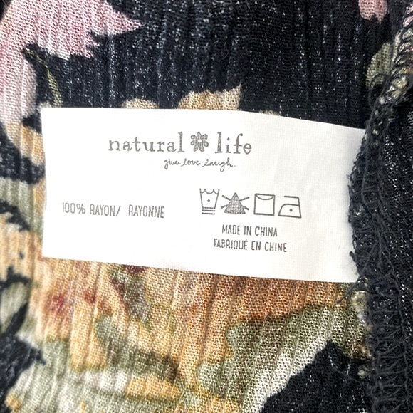 Natural Life Boho Long Bell Sleeve Side Slit Rayon Black Floral Maxi Dress - Picture 11 of 13